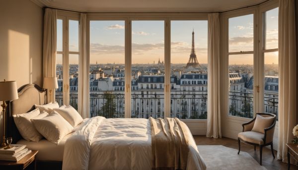 Vue panoramique sur les toits de Paris et literie de luxe
